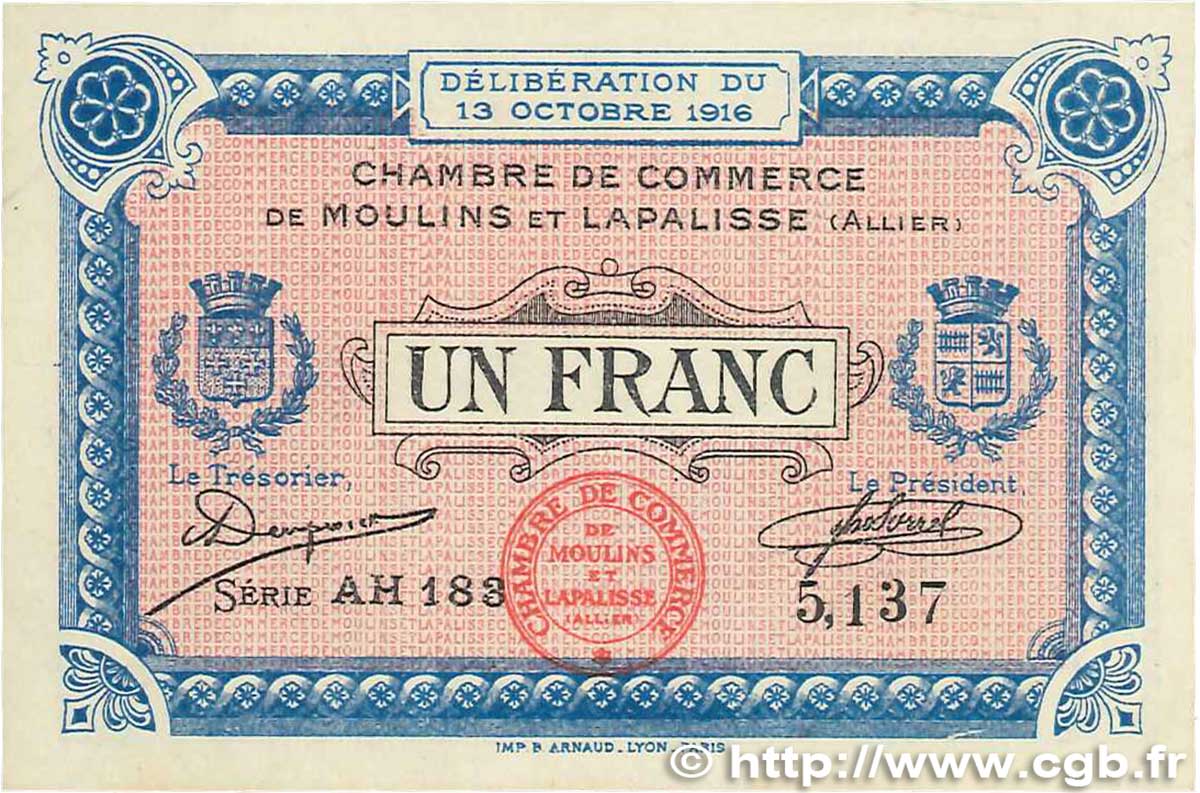 1 Franc FRANCE Regionalismus und verschiedenen Moulins et Lapalisse 1916 JP.086.09 VZ