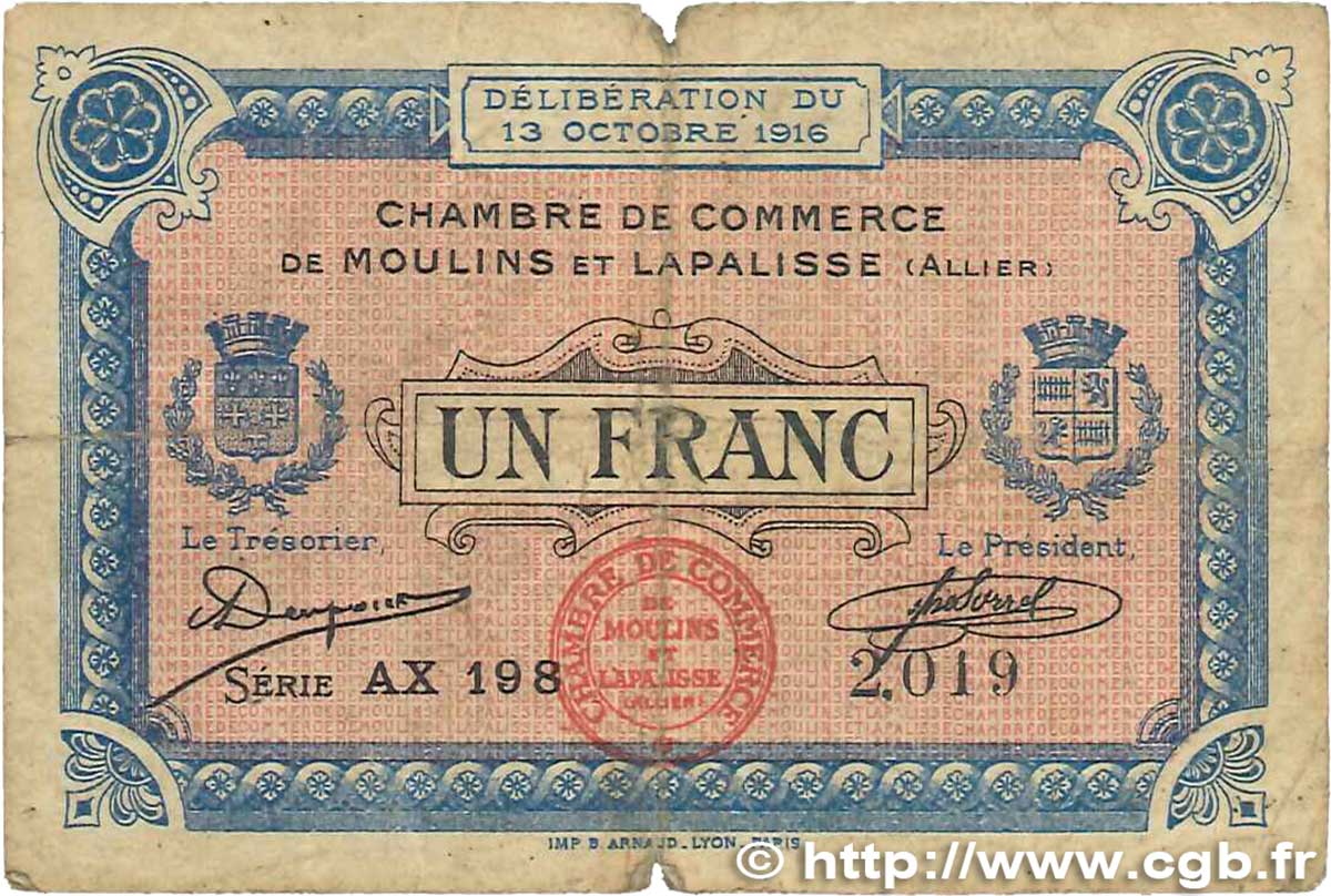 1 Franc FRANCE Regionalismus und verschiedenen Moulins et Lapalisse 1916 JP.086.09 SGE