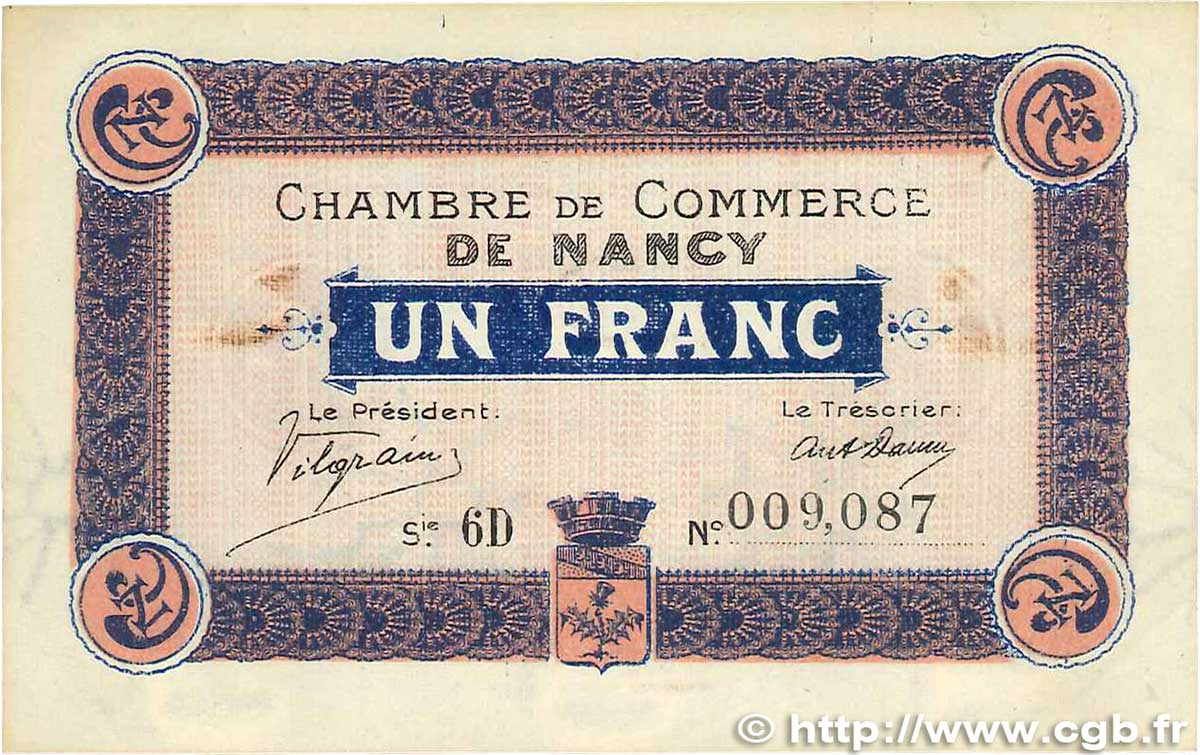 1 Franc FRANCE regionalism and various Nancy 1917 JP.087.13 VF+