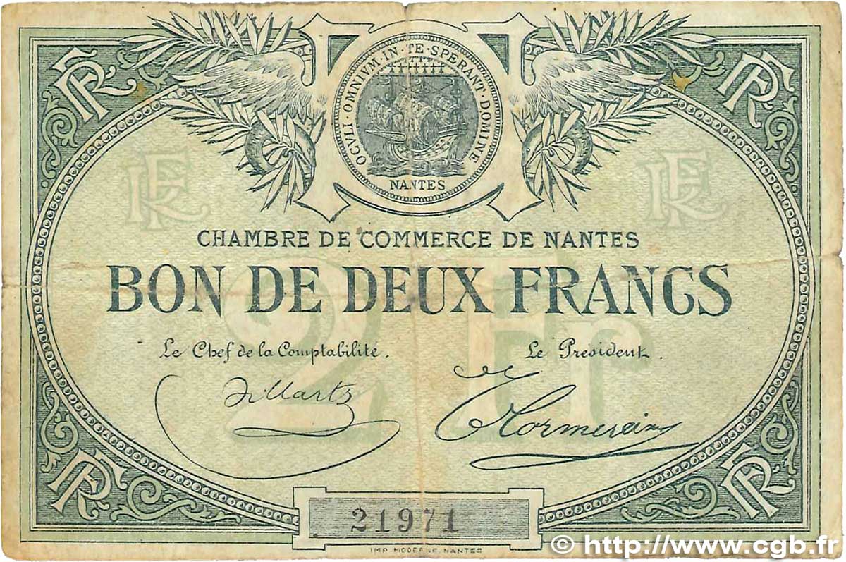 2 Francs FRANCE Regionalismus und verschiedenen Nantes 1918 JP.088.02 S