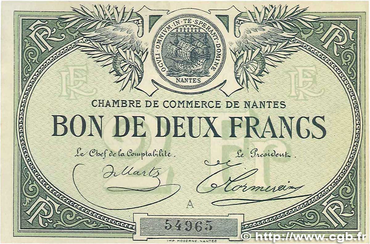 2 Francs FRANCE Regionalismus und verschiedenen Nantes 1918 JP.088.10 VZ