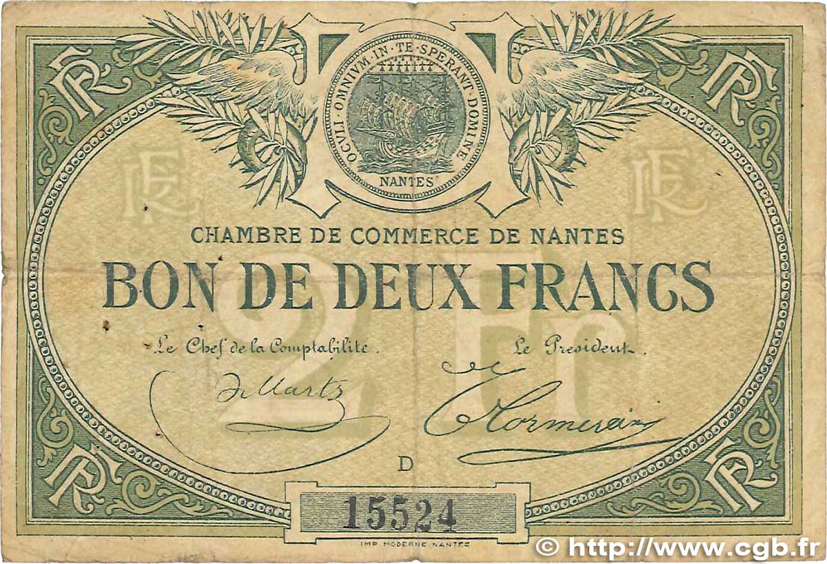 2 Francs FRANCE regionalismo e varie Nantes 1918 JP.088.12 B