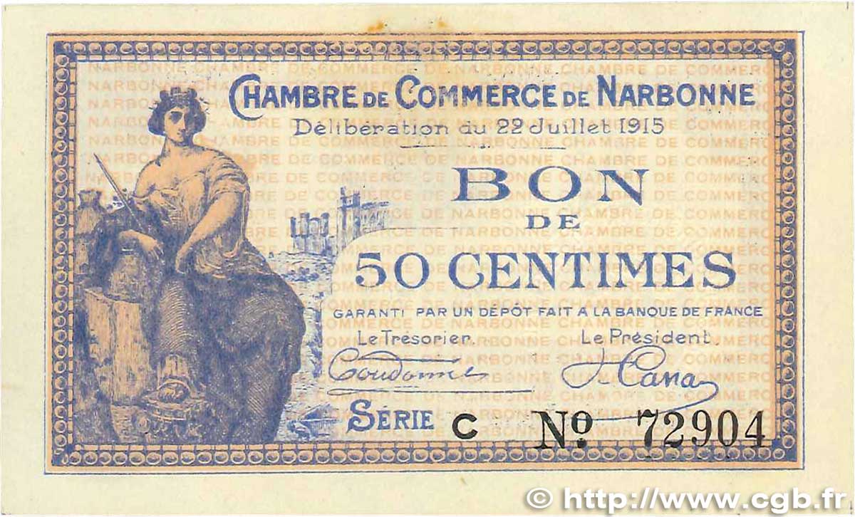 50 Centimes FRANCE regionalismo e varie Narbonne 1915 JP.089.01 SPL