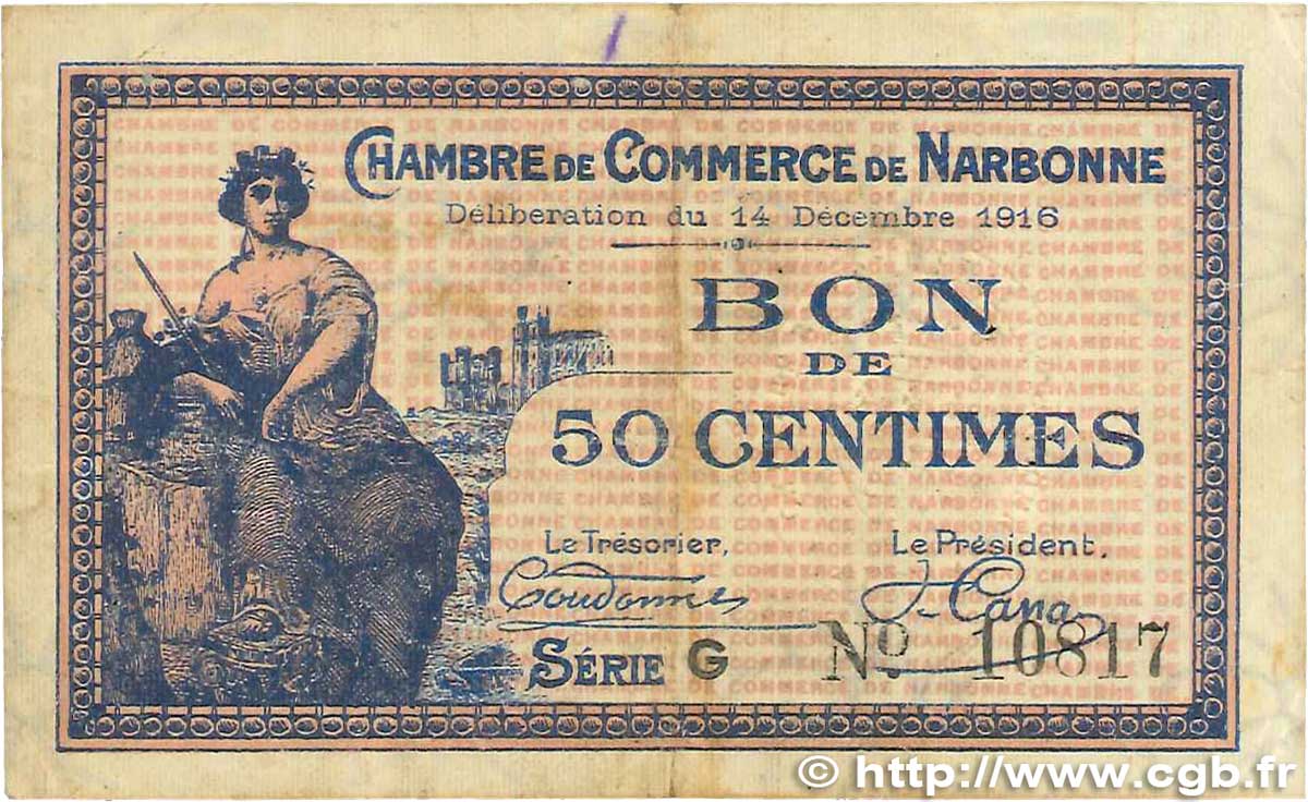 50 Centimes FRANCE regionalismo y varios Narbonne 1916 JP.089.09 BC+