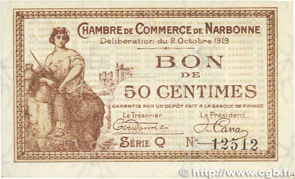 50 Centimes FRANCE regionalismo y varios Narbonne 1919 JP.089.17 SC+