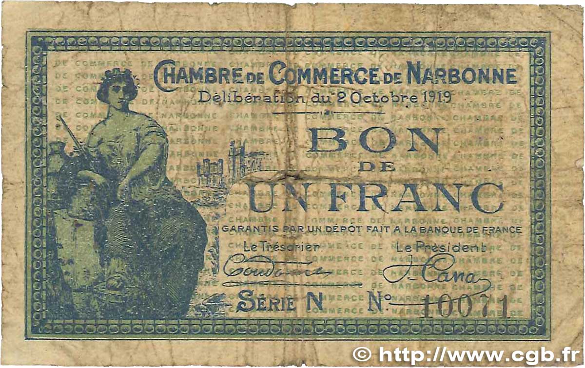 1 Franc FRANCE regionalismo e varie Narbonne 1919 JP.089.18 B