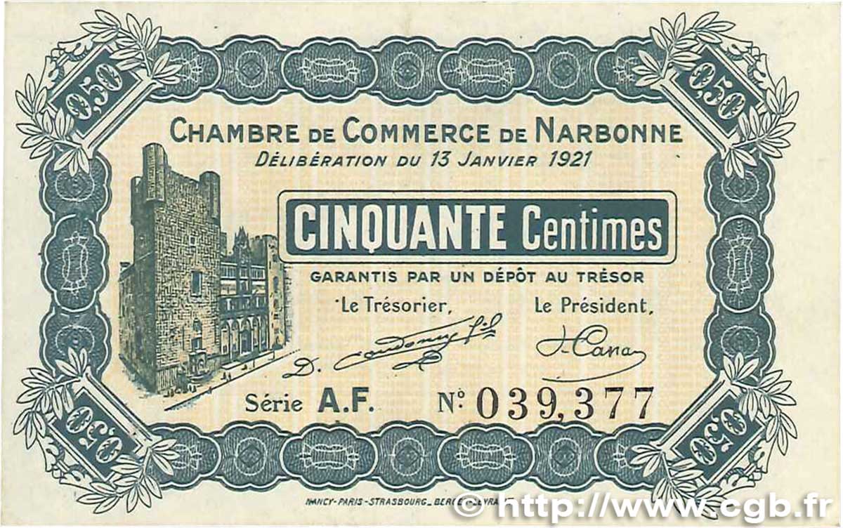 50 Centimes FRANCE régionalisme et divers Narbonne 1921 JP.089.19 SUP