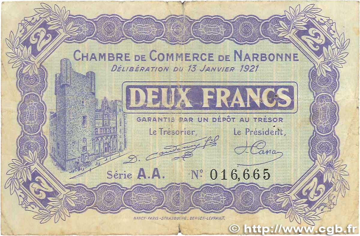 2 Francs FRANCE regionalismo e varie Narbonne 1921 JP.089.25 B