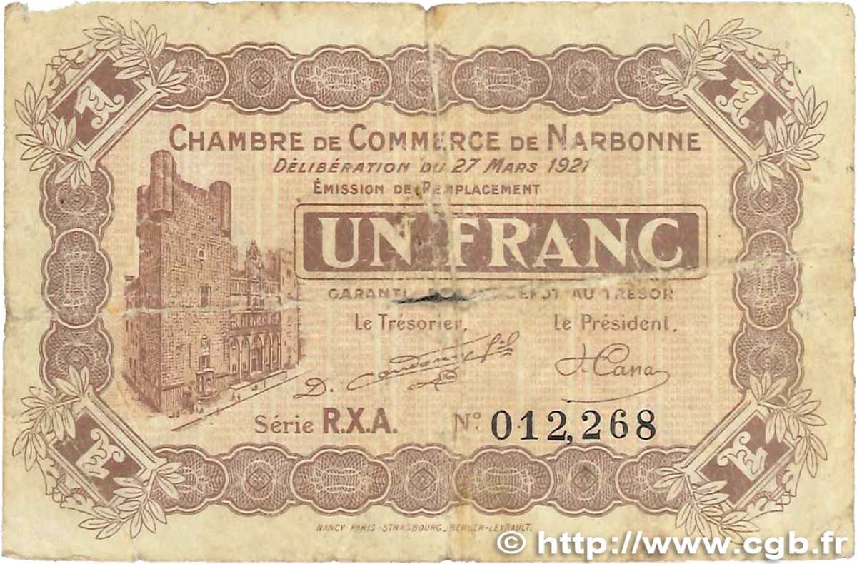 1 Franc FRANCE regionalismo y varios Narbonne 1921 JP.089.28 RC