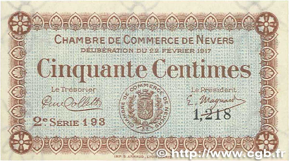 50 Centimes FRANCE regionalismo e varie Nevers 1917 JP.090.12 SPL