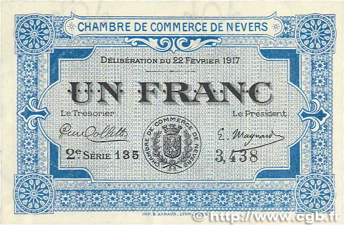 1 Franc FRANCE regionalism and various Nevers 1917 JP.090.14 XF