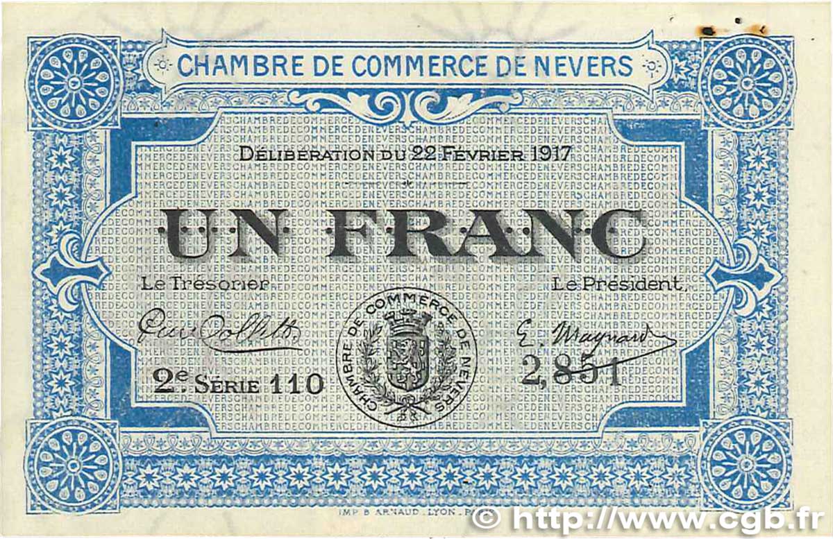 1 Franc FRANCE regionalism and various Nevers 1917 JP.090.14 VF