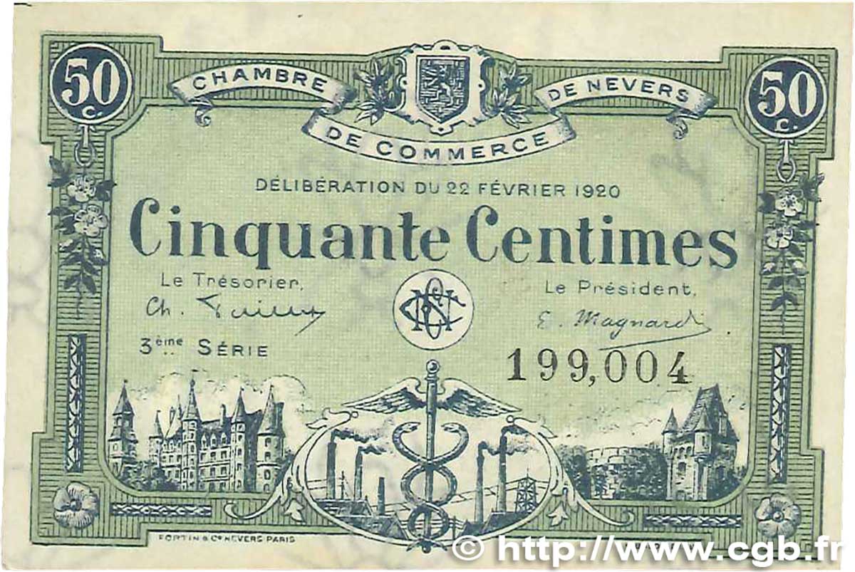 50 Centimes FRANCE Regionalismus und verschiedenen Nevers 1920 JP.090.16 fVZ