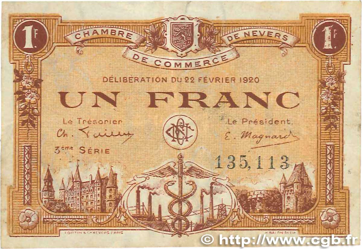 1 Franc FRANCE regionalismo y varios Nevers 1920 JP.090.17 MBC