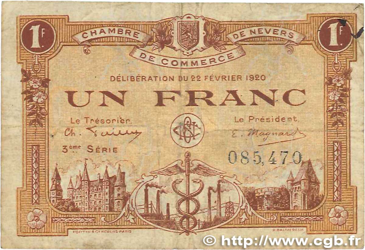 1 Franc FRANCE regionalismo y varios Nevers 1920 JP.090.17 BC