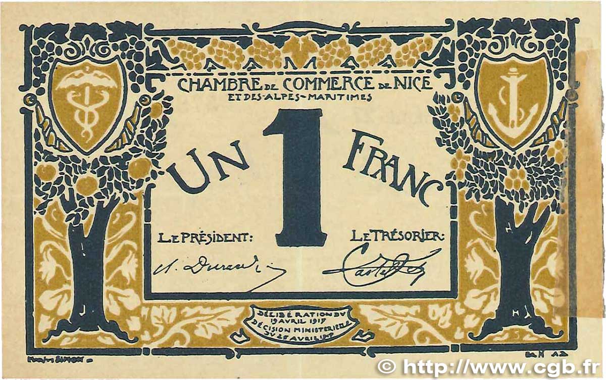 1 Franc FRANCE regionalism and miscellaneous Nice 1917 JP.091.05 VF+