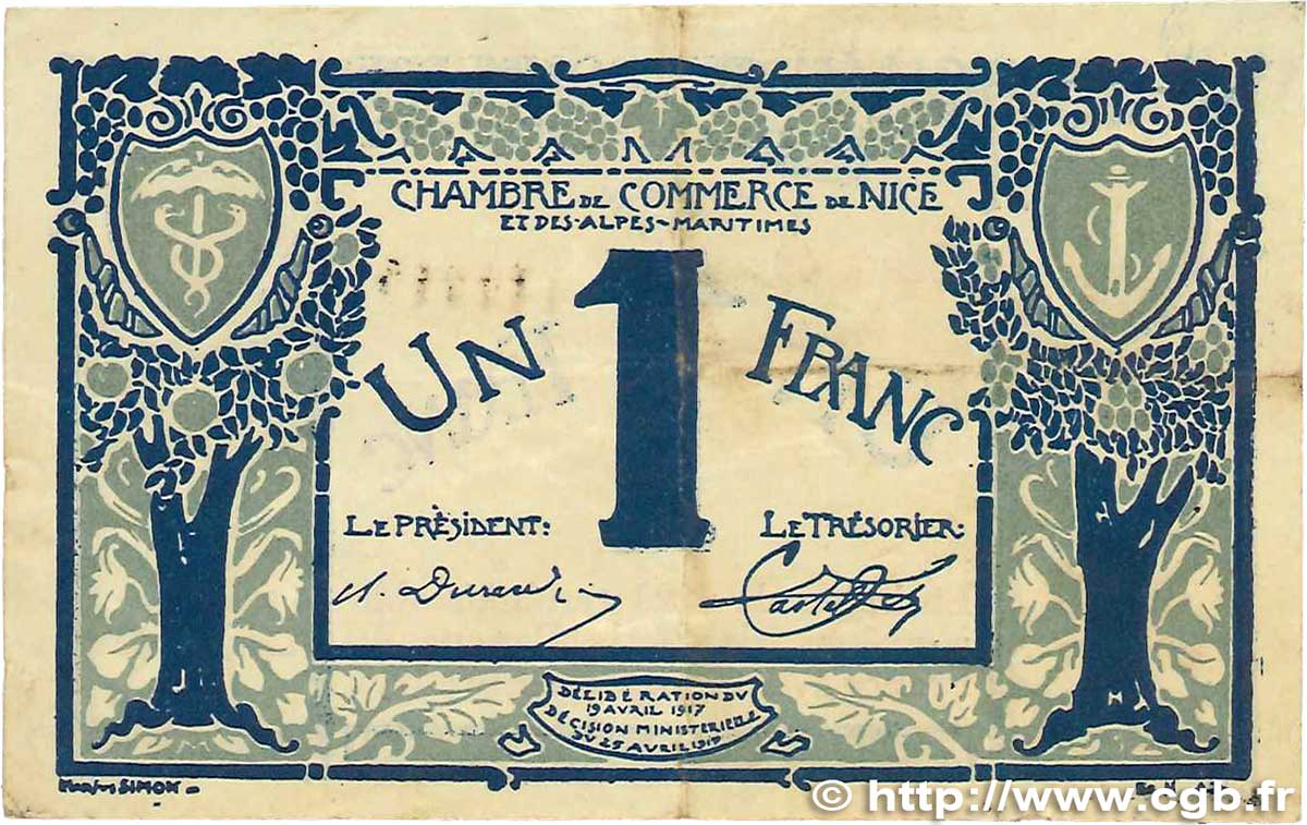 1 Franc FRANCE Regionalismus und verschiedenen Nice 1917 JP.091.07 SS