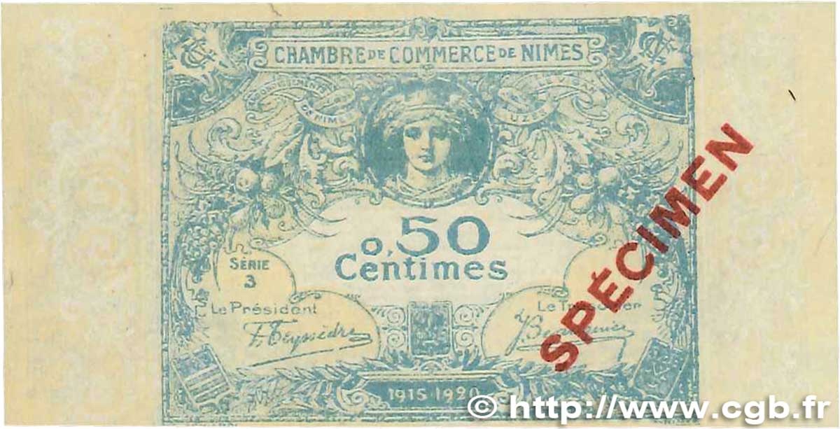 50 Centimes Spécimen FRANCE regionalism and various Nîmes 1915 JP.092.02 XF+
