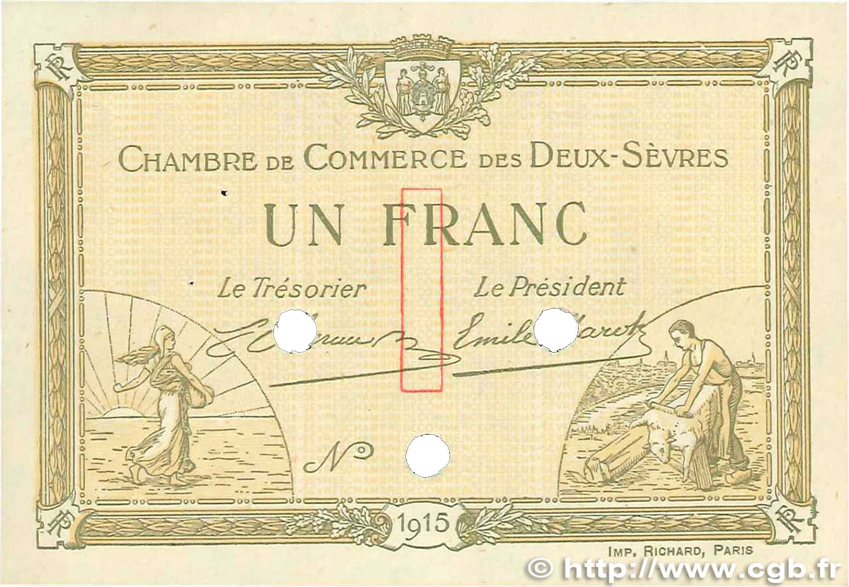 1 Franc FRANCE Regionalismus und verschiedenen Niort 1915 JP.093.05 fST