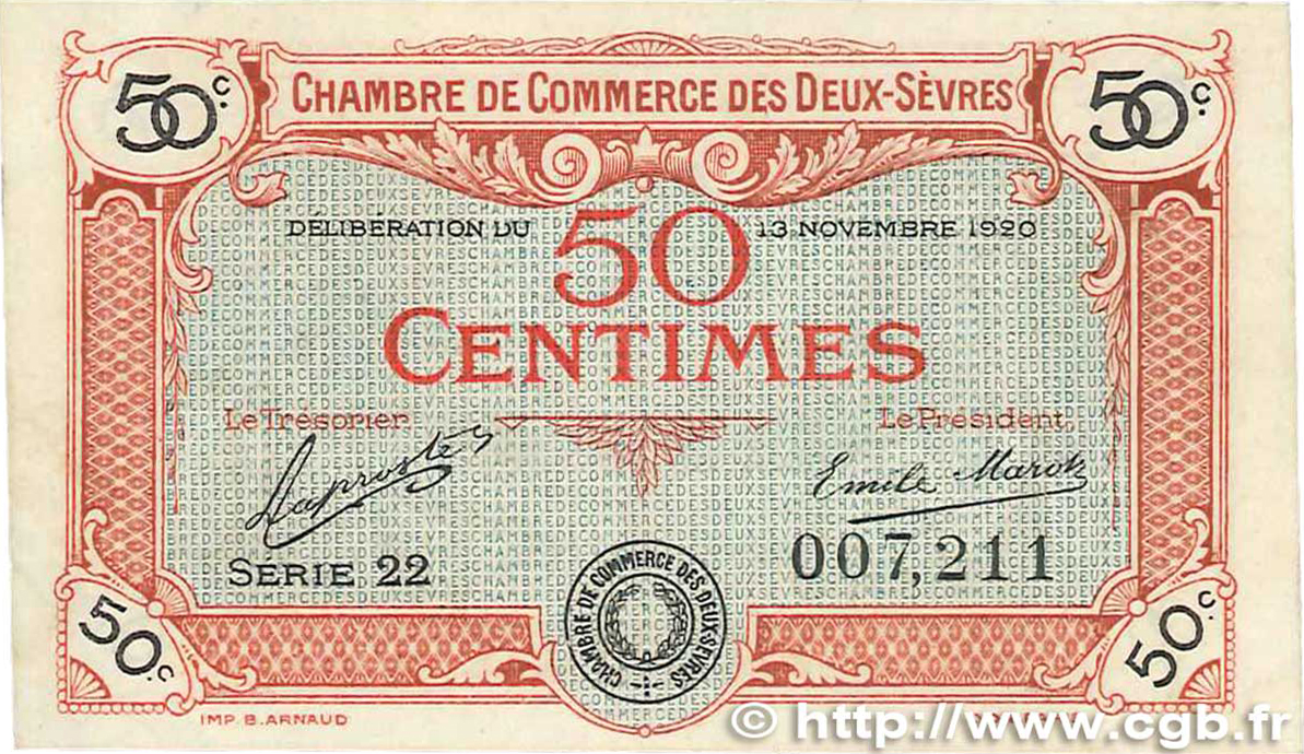 50 Centimes FRANCE regionalismo e varie Niort 1920 JP.093.10 SPL+