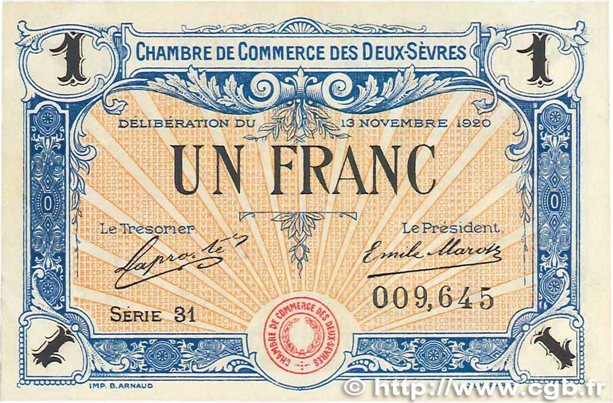 1 Franc FRANCE regionalism and various Niort 1920 JP.093.11 XF+