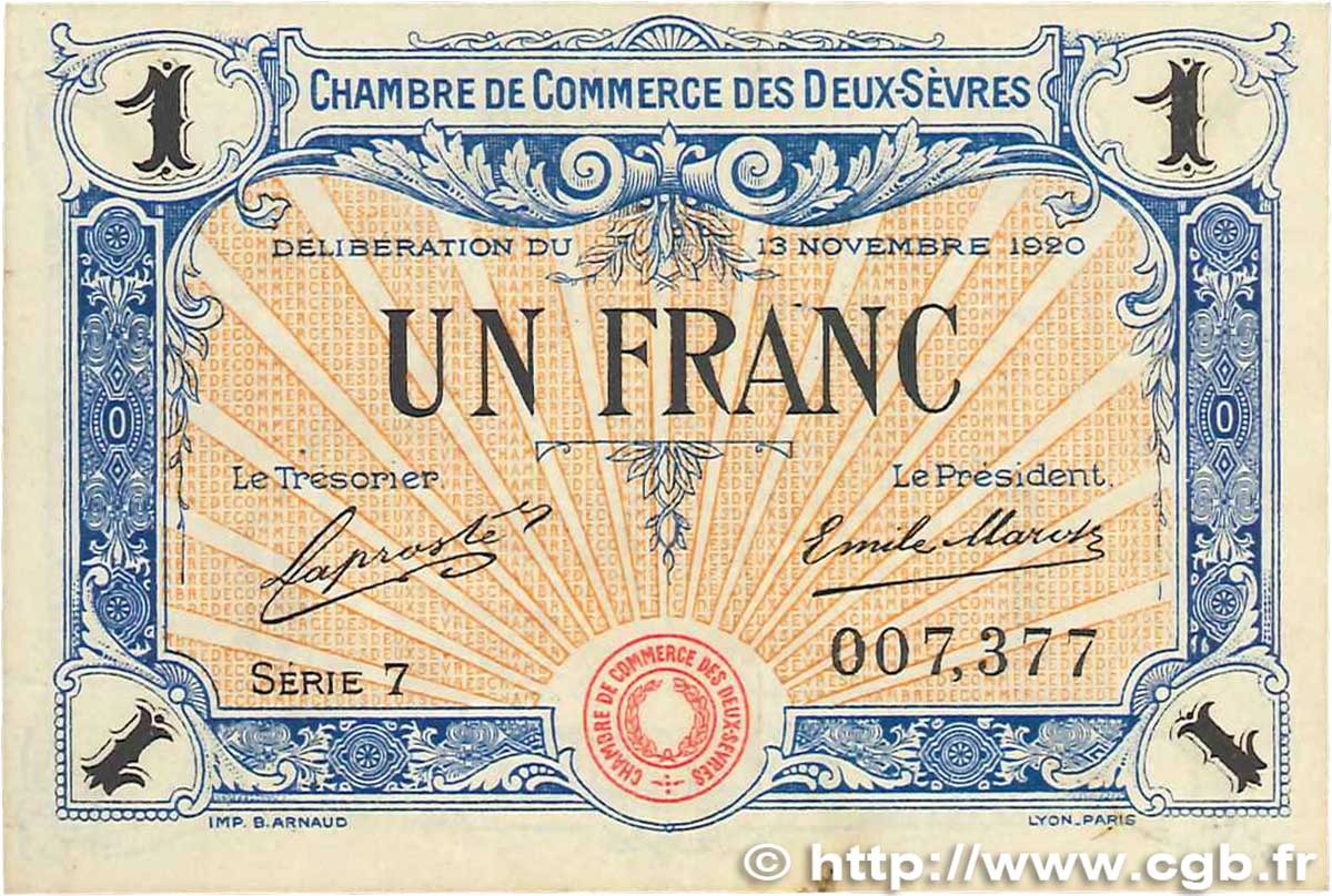1 Franc FRANCE regionalism and various Niort 1920 JP.093.11 VF+