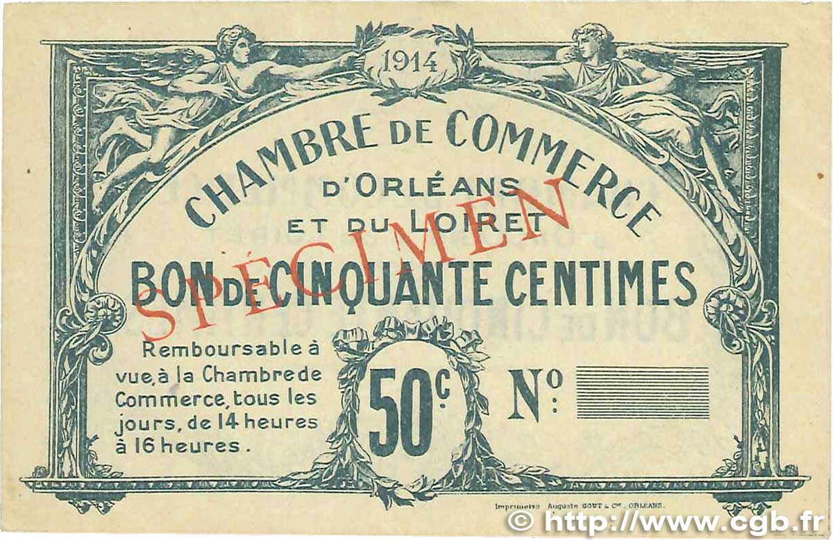 50 Centimes Spécimen FRANCE regionalism and miscellaneous Orléans 1914 JP.095.01 VF