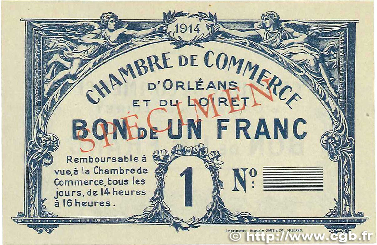 1 Franc Spécimen FRANCE Regionalismus und verschiedenen Orléans 1914 JP.095.02 fST