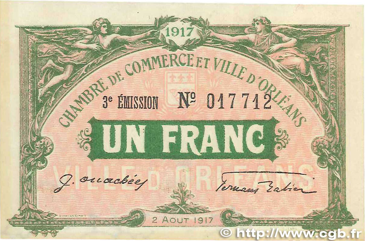 1 Franc FRANCE Regionalismus und verschiedenen Orléans 1917 JP.095.17 fVZ