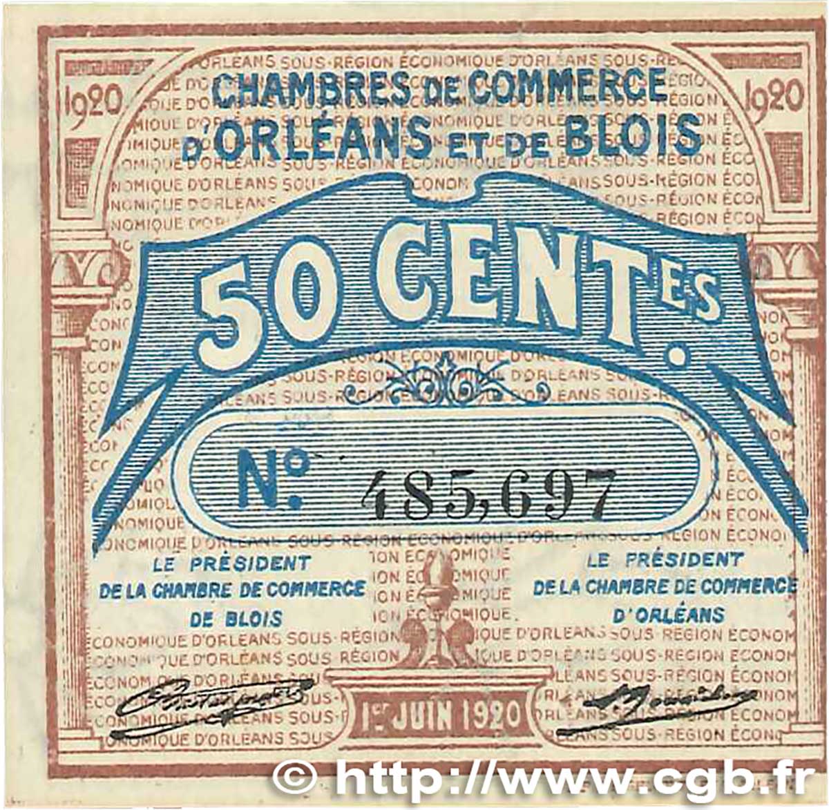 50 Centimes FRANCE regionalismo e varie Orléans et Blois 1920 JP.096.01 SPL+