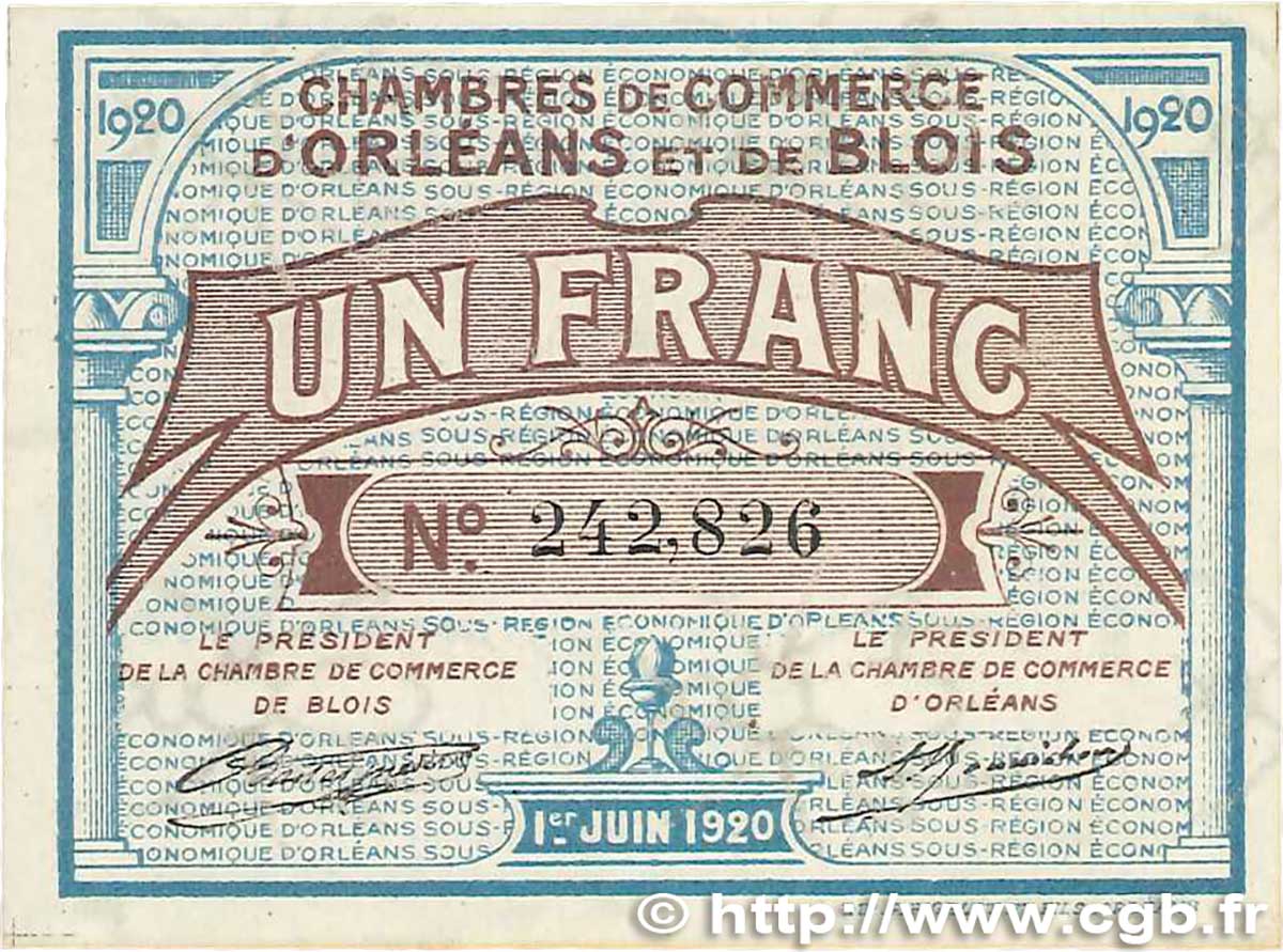1 Franc FRANCE Regionalismus und verschiedenen Orléans et Blois 1920 JP.096.03 VZ