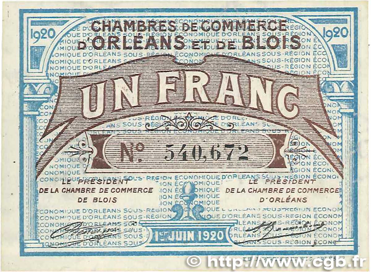 1 Franc FRANCE regionalismo e varie Orléans et Blois 1920 JP.096.03 q.SPL