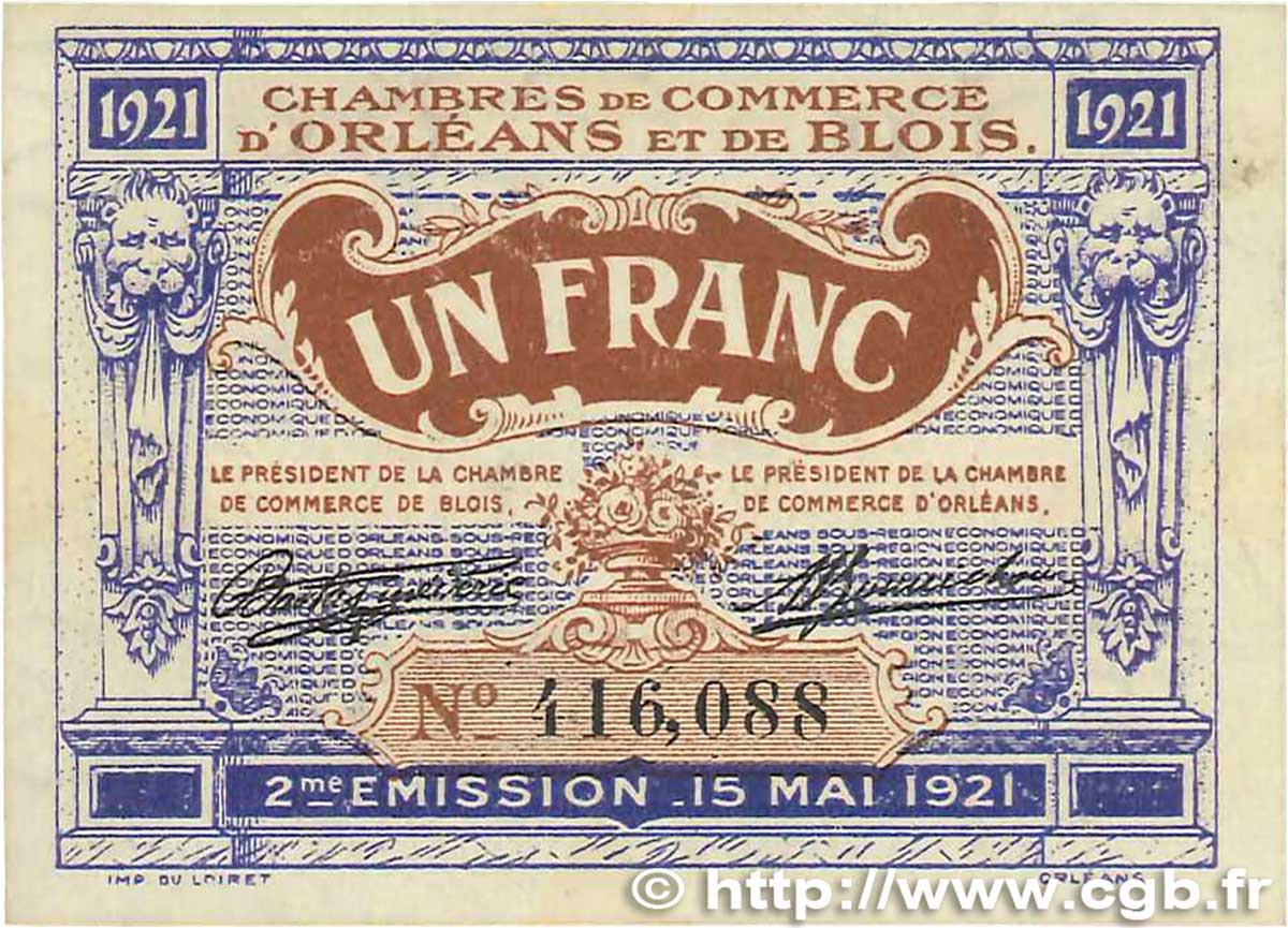 1 Franc FRANCE regionalism and various Orléans et Blois 1921 JP.096.07 VF+