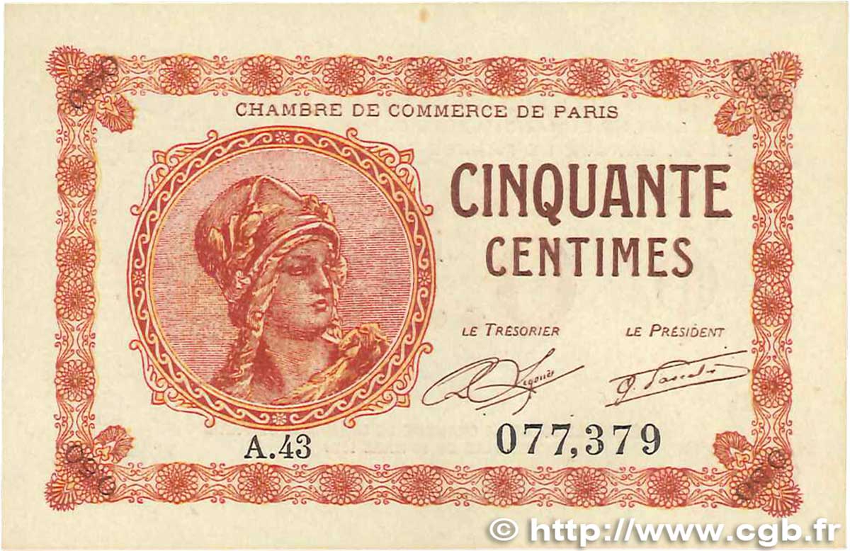 50 Centimes FRANCE regionalism and miscellaneous Paris 1920 JP.097.10 UNC