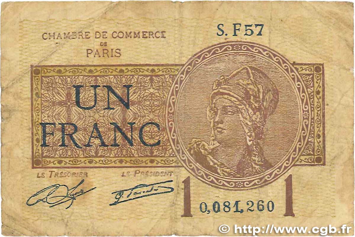 1 Franc FRANCE regionalism and miscellaneous Paris 1920 JP.097.23 G