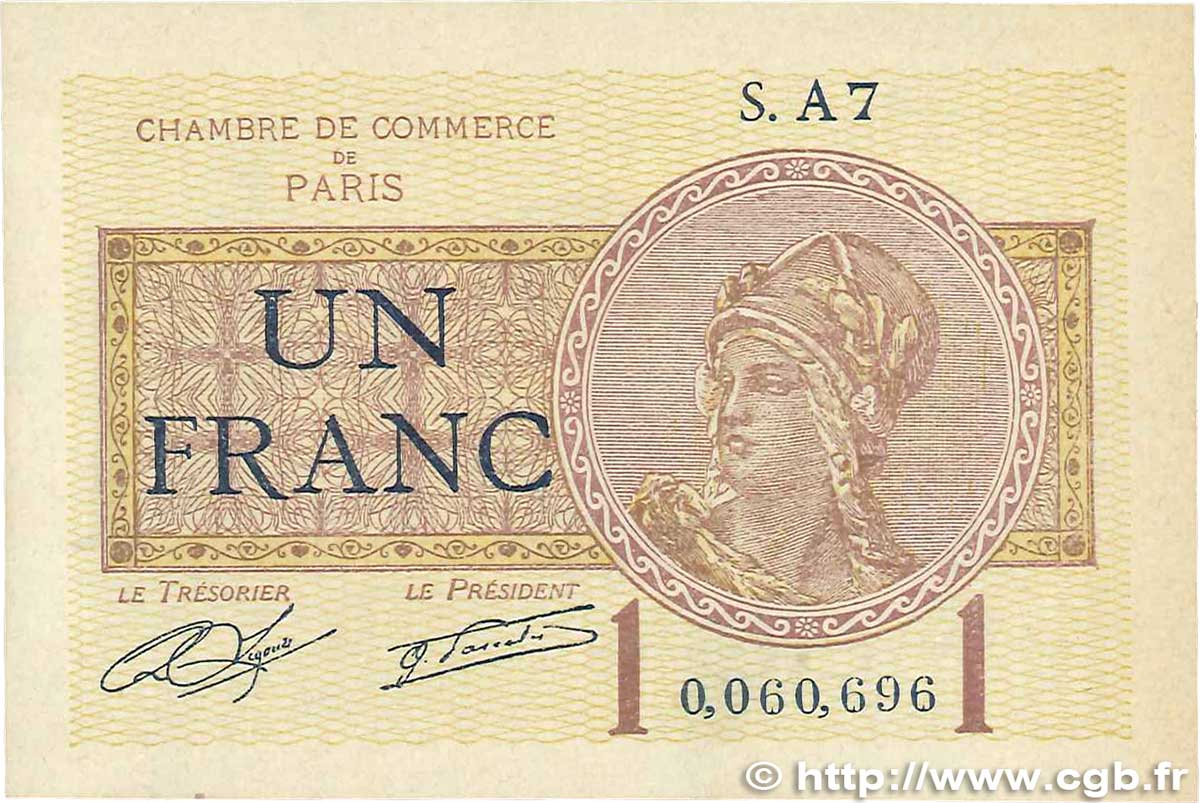 1 Franc FRANCE regionalism and various Paris 1920 JP.097.23 VF+