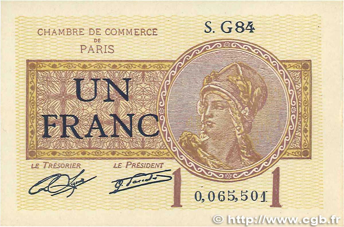 1 Franc FRANCE regionalism and various Paris 1920 JP.097.23 XF