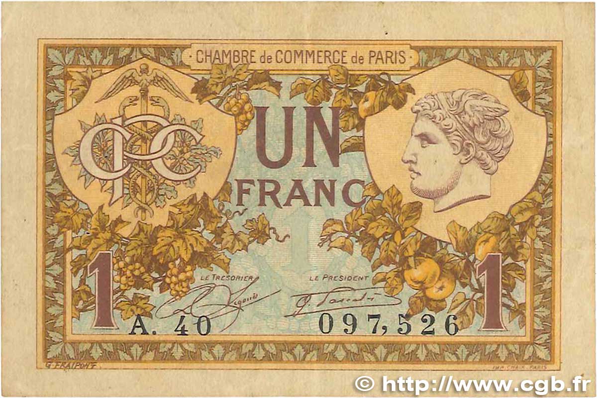 1 Franc FRANCE regionalism and various Paris 1920 JP.097.36 F
