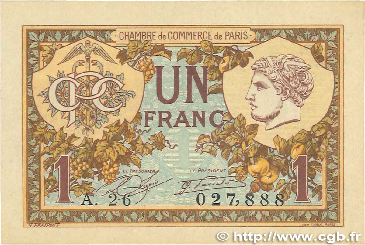 1 Franc FRANCE regionalismo y varios Paris 1920 JP.097.36 SC