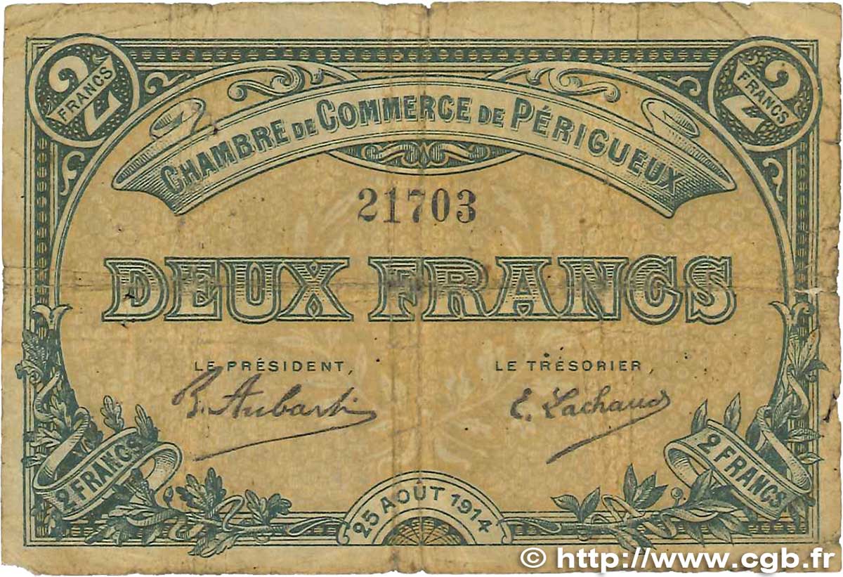 2 Francs FRANCE regionalism and miscellaneous Périgueux 1914 JP.098.06 G