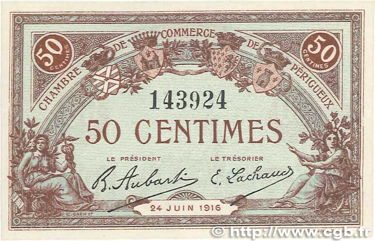 50 Centimes FRANCE regionalismo y varios Périgueux 1916 JP.098.16 SC+