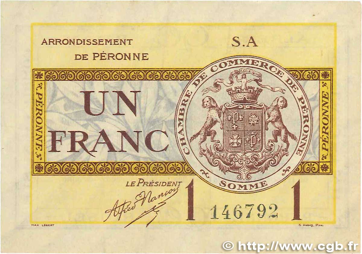 1 Franc FRANCE Regionalismus und verschiedenen Péronne 1920 JP.099.02 SS