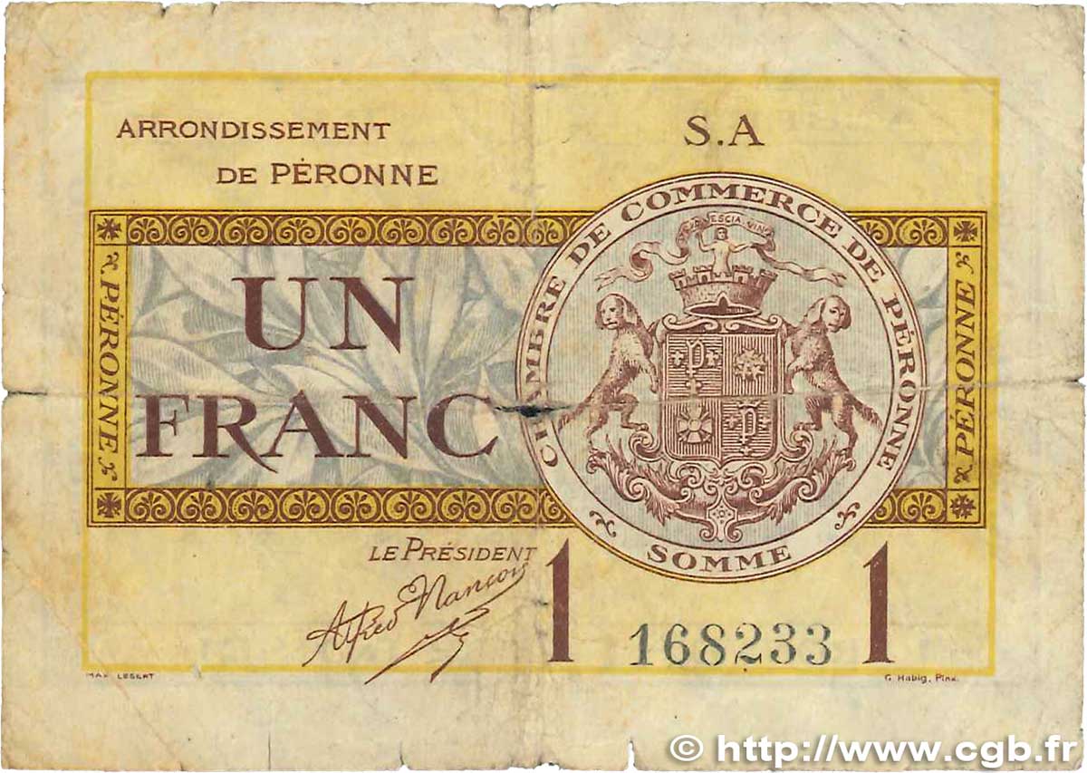 1 Franc FRANCE regionalismo y varios Péronne 1920 JP.099.02 RC