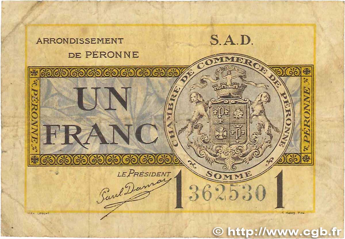 1 Franc FRANCE regionalism and miscellaneous Péronne 1921 JP.099.04 G