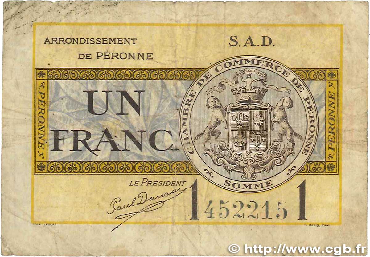1 Franc FRANCE regionalismo y varios Péronne 1921 JP.099.04 RC