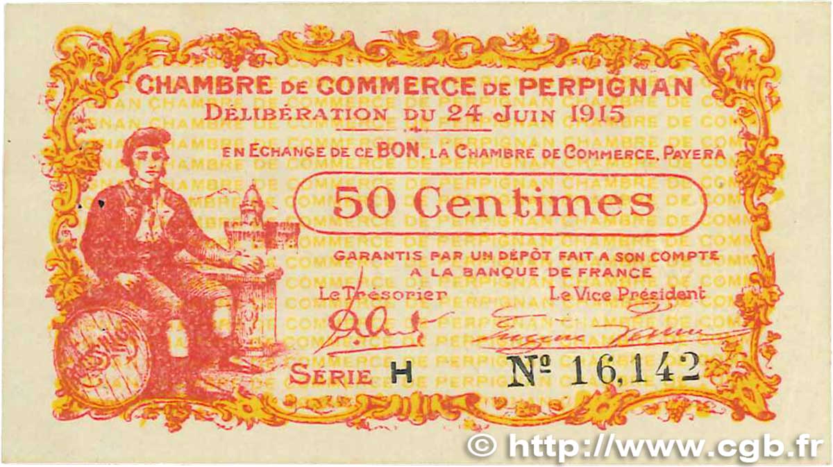 50 Centimes FRANCE regionalism and miscellaneous Perpignan 1915 JP.100.05 VF+