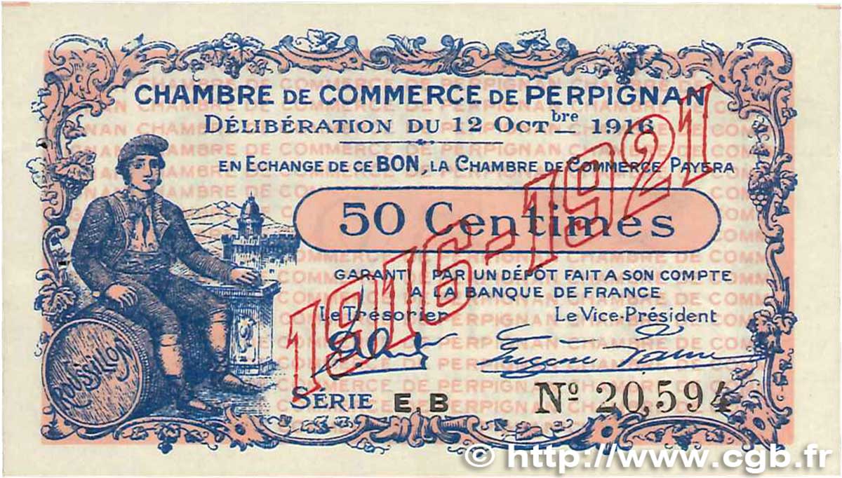 50 Centimes FRANCE Regionalismus und verschiedenen Perpignan 1916 JP.100.19 fVZ