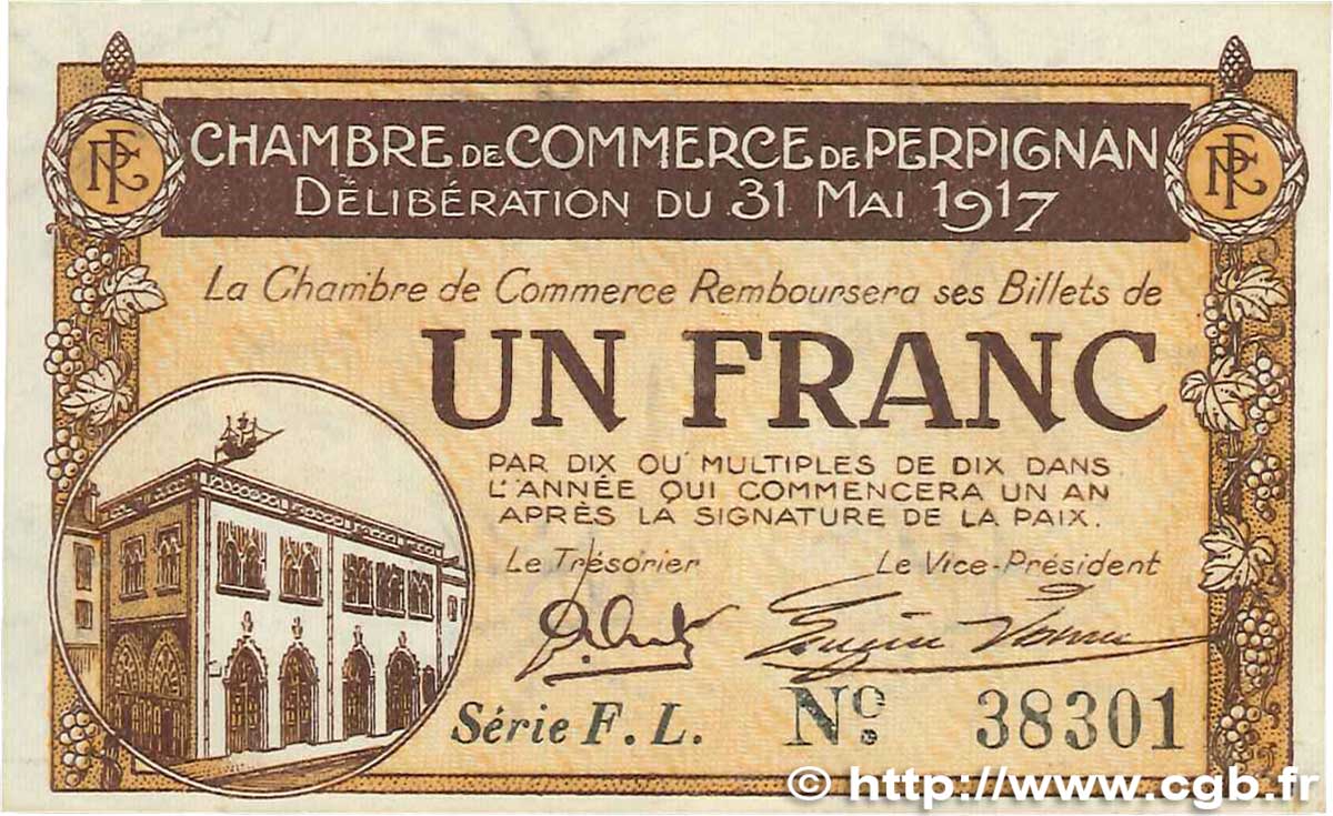 1 Franc FRANCE Regionalismus und verschiedenen Perpignan 1917 JP.100.23 fVZ