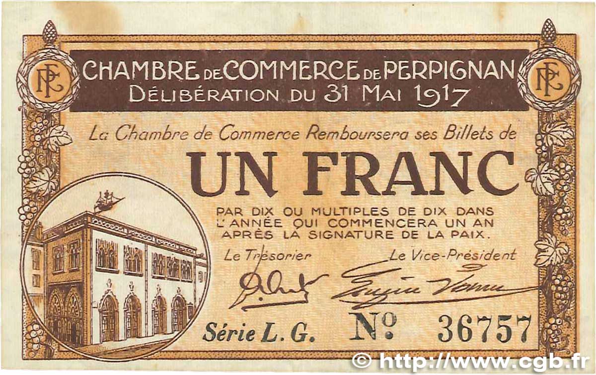 1 Franc FRANCE regionalismo y varios Perpignan 1917 JP.100.23 MBC