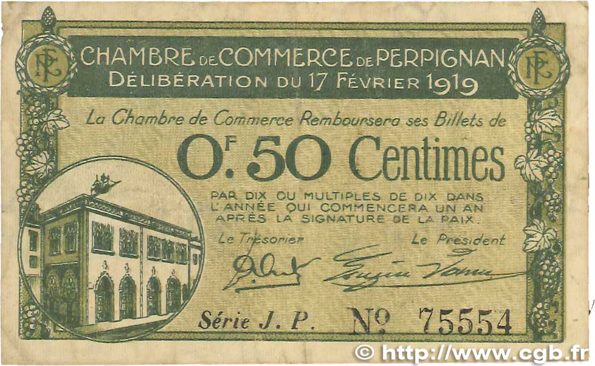 50 Centimes FRANCE Regionalismus und verschiedenen Perpignan 1919 JP.100.25 S